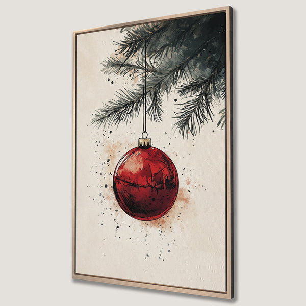 Framed Wall Art: Watercolor Christmas ornament against a cream backdrop. Festive holiday decor with red, green, and neutral tones. Perfect for seasonal home accents.