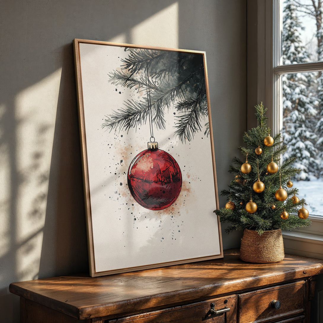 Framed Wall Art featuring a watercolor Christmas ornament. Warm, inviting tones of red, green, and gold create a cozy holiday atmosphere. Perfect for seasonal decor!