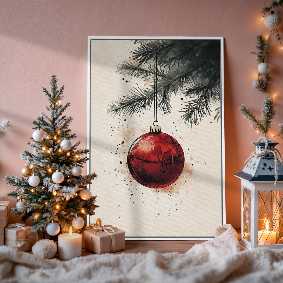 Framed Wall Art: Watercolor Christmas ornament print in a cozy interior. Features a red bauble, green branches, and a warm, inviting color palette. Perfect holiday decor!