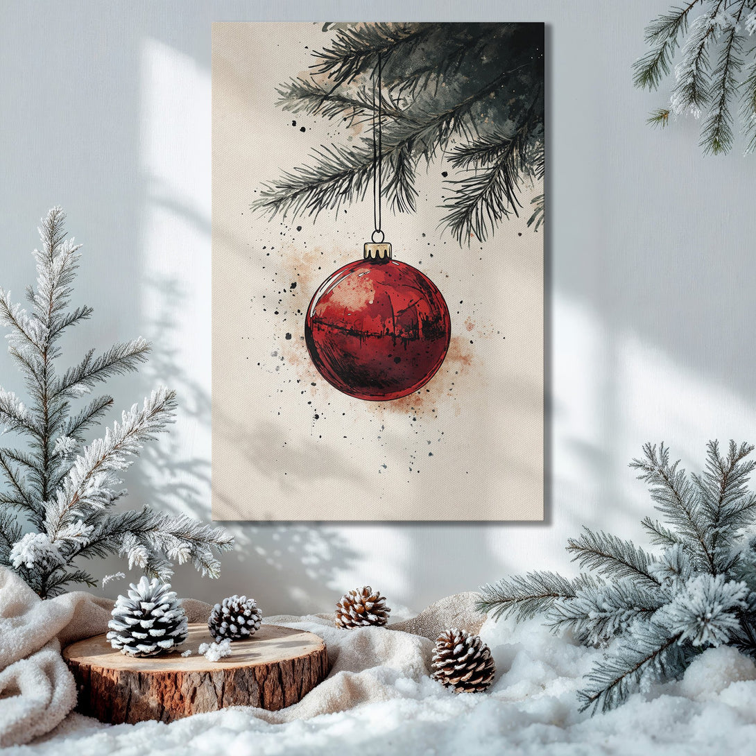 Framed Wall Art: Watercolor Christmas ornament print. Warm, festive interior with green, gold, and red color palette. Perfect holiday decor!
