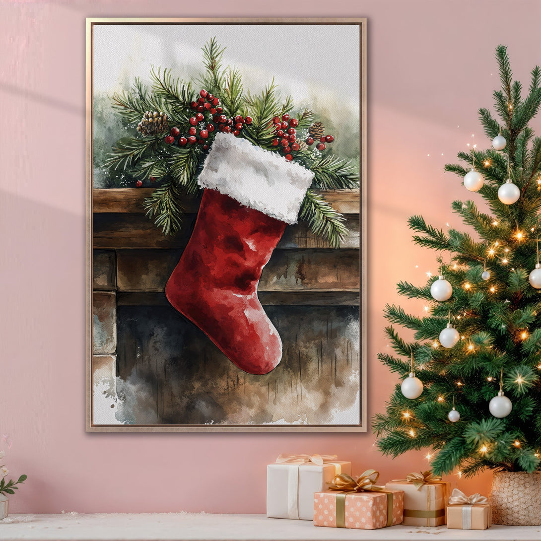 Framed Wall Art: Watercolor Christmas stocking print with red, green, and neutral tones. Perfect holiday decor!
