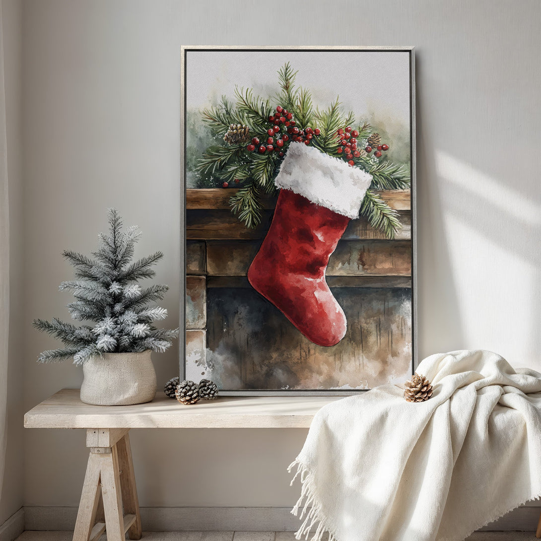 Framed Wall Art: Watercolor Christmas stocking print with red, green, and white tones. Perfect holiday decor for a cozy, festive living space.