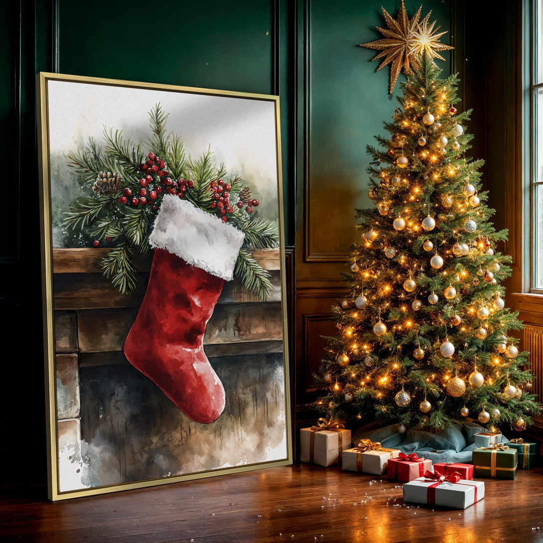 Canvas Print featuring a watercolor Christmas stocking with festive greenery. Warm red, green, and brown color palette. Perfect holiday wall art!