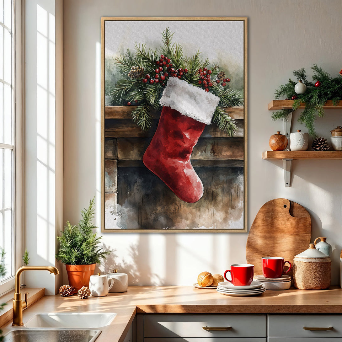 Framed Wall Art: Watercolor Christmas stocking print in a cozy kitchen. Features red, green, and white hues, perfect holiday decor.