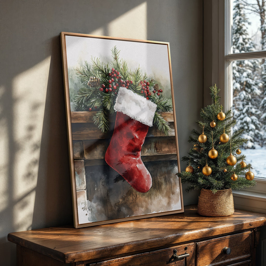 Framed Wall Art: Watercolor Christmas stocking print with red, green, and brown hues. Festive decor for your home, perfect for holiday season.