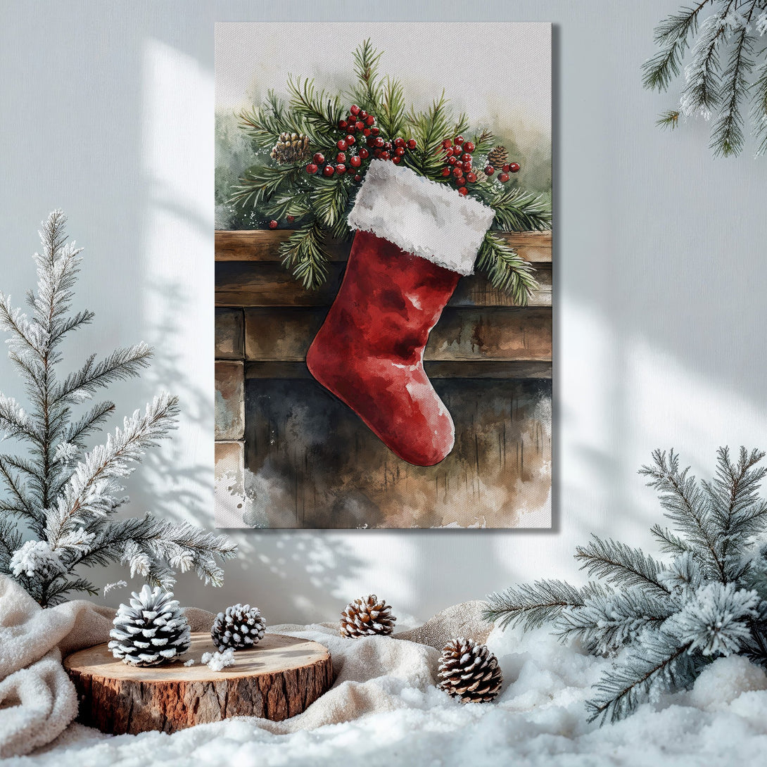 Framed Wall Art: Watercolor Christmas stocking print in a cozy interior. Festive red, green, and gold color palette. Perfect holiday decor!