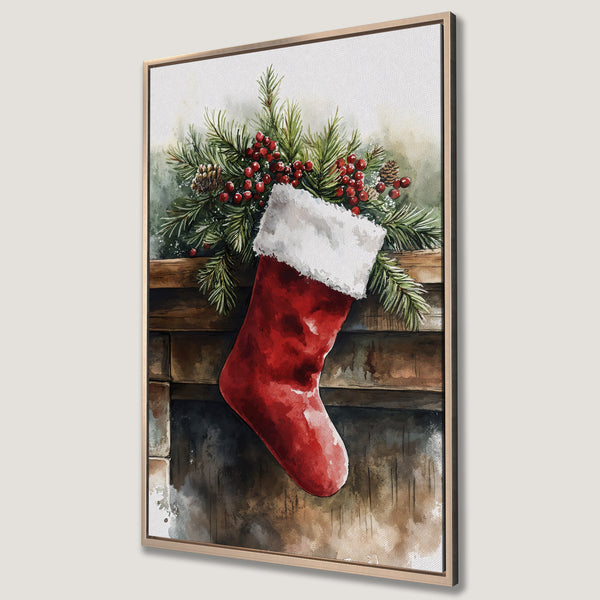 Framed Wall Art: Watercolor Christmas stocking print with red, green, and brown tones. Festive holiday decor for your home.