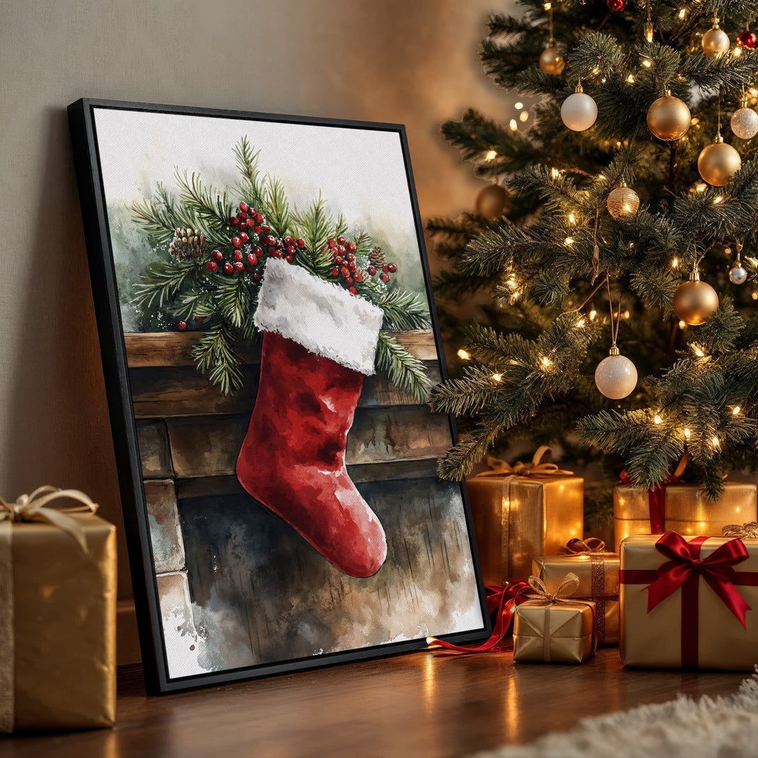 Framed Wall Art: Watercolor Christmas stocking print with red, green, and white hues. Festive holiday decor for your home.