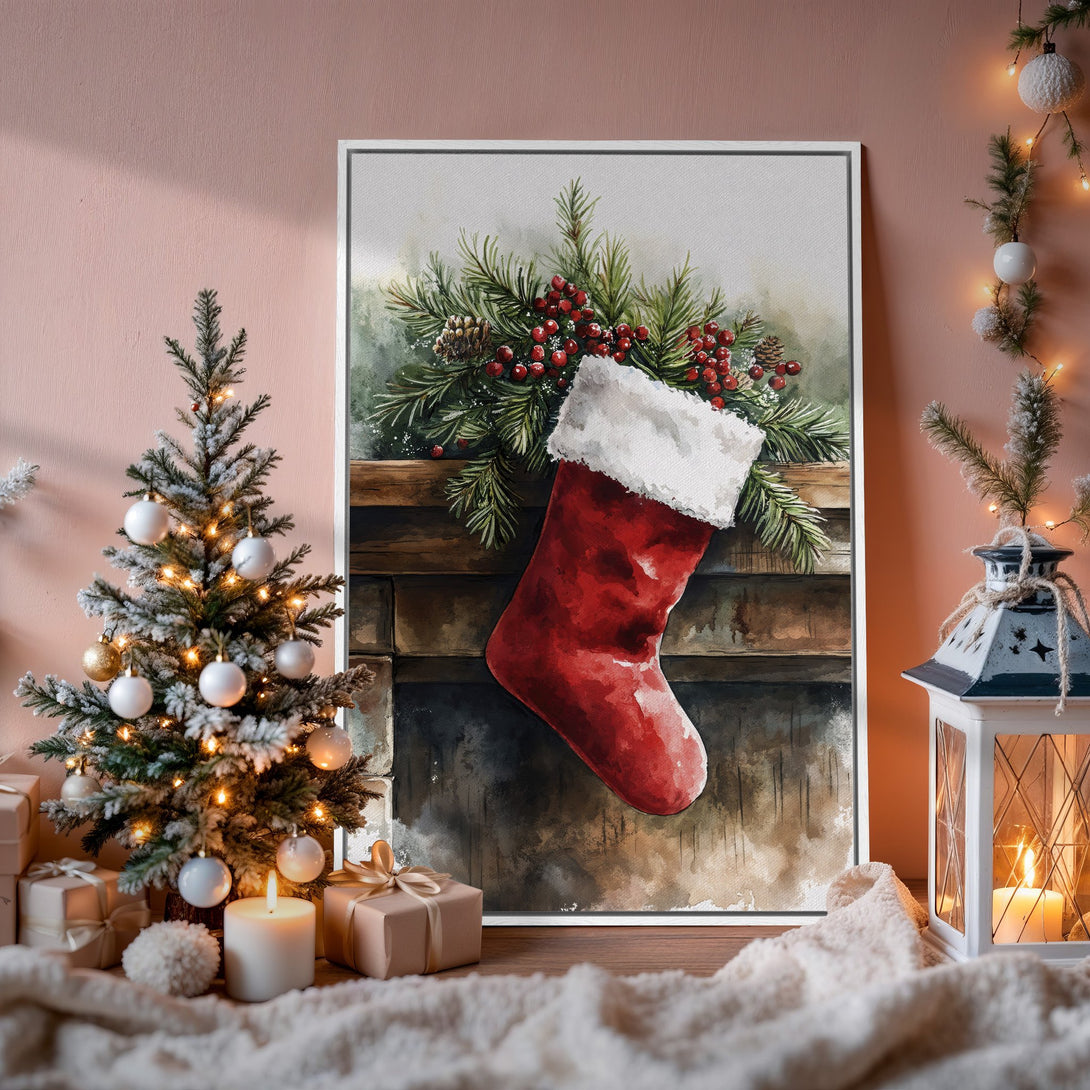 Framed Wall Art: Watercolor Christmas stocking print in a cozy interior. Red, green, and white color palette. Perfect holiday decor!