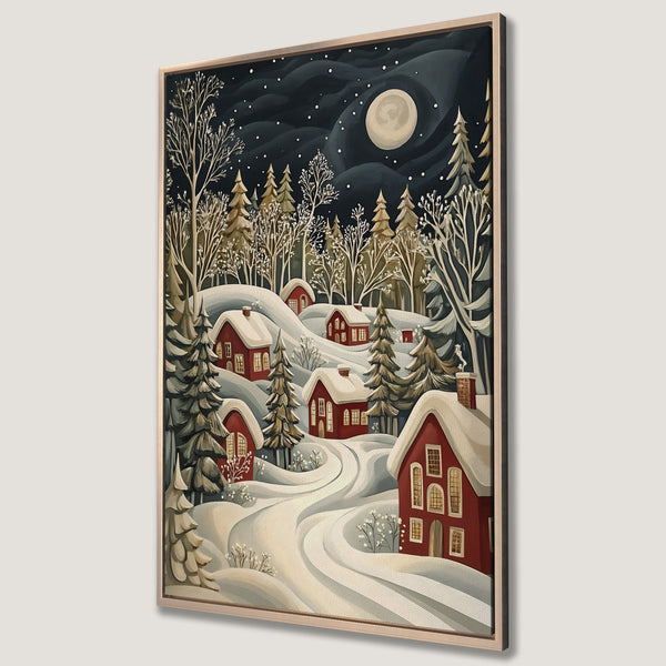 Framed Wall Art: Winter village scene with red houses, snowy landscape, and a full moon. Cozy, whimsical style with a dark blue and red color palette.