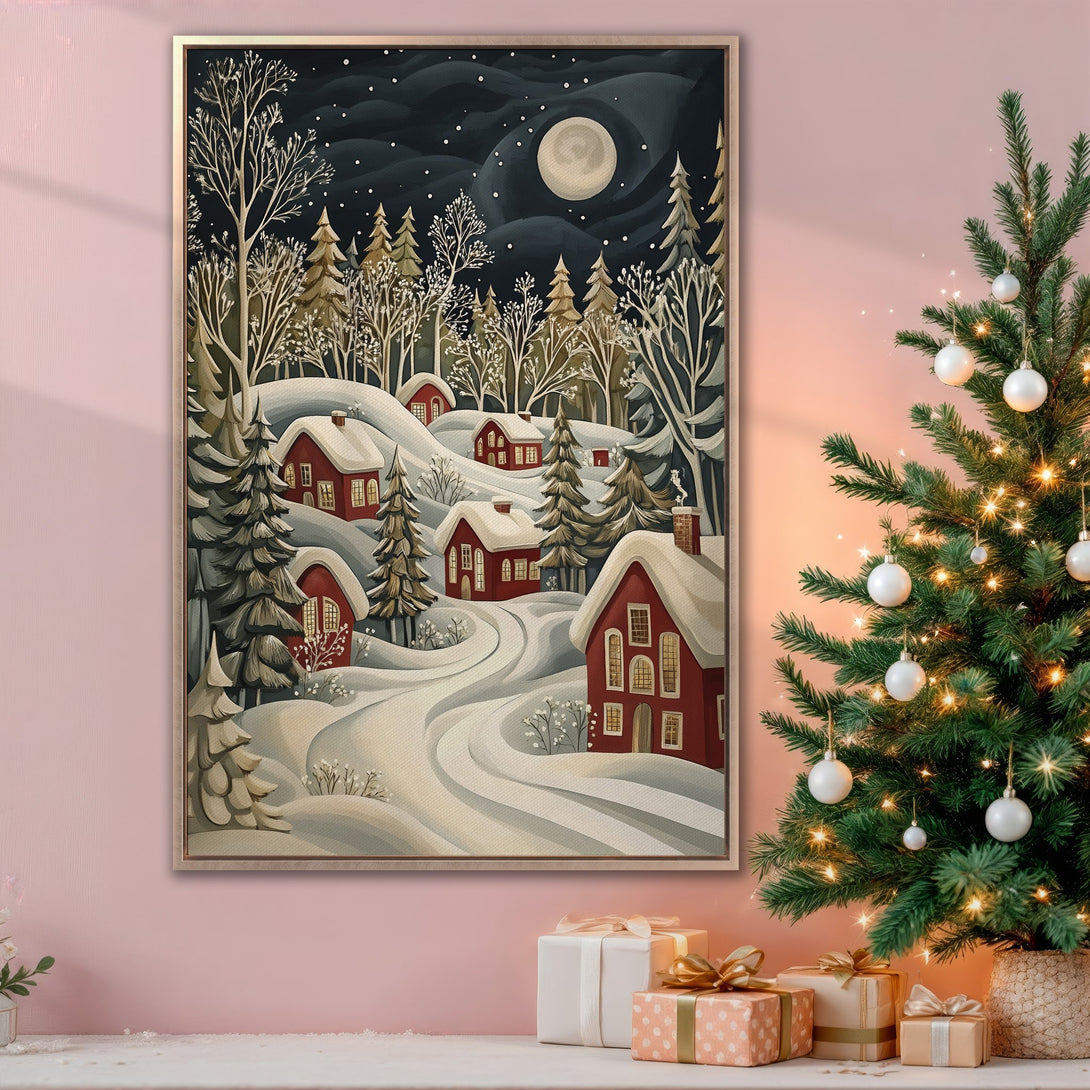 Framed Wall Art: Winter landscape Canvas Print with red houses, snowy hills, and a full moon. Cozy, whimsical style with a warm, inviting color palette.