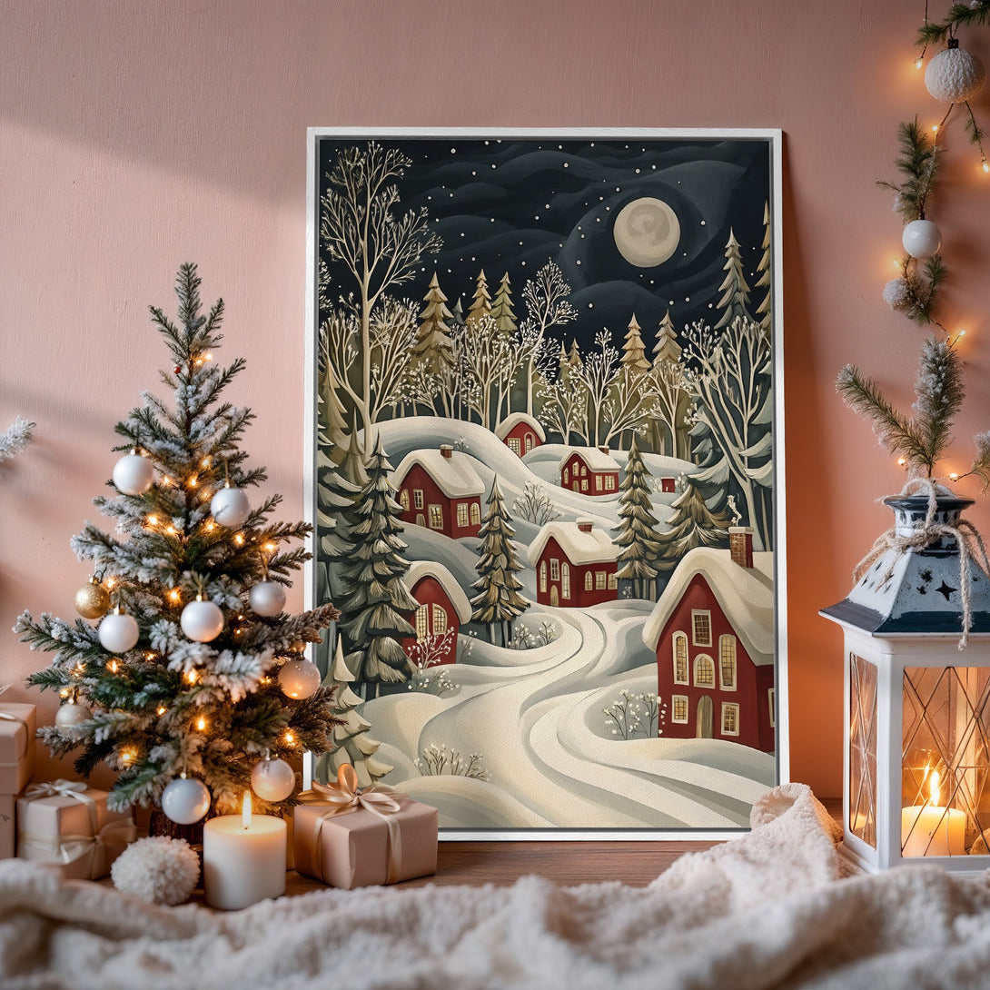 Framed Wall Art: Winter landscape Canvas Print with red houses, snowy hills, and a full moon. Cozy, warm color palette perfect for holiday decor.