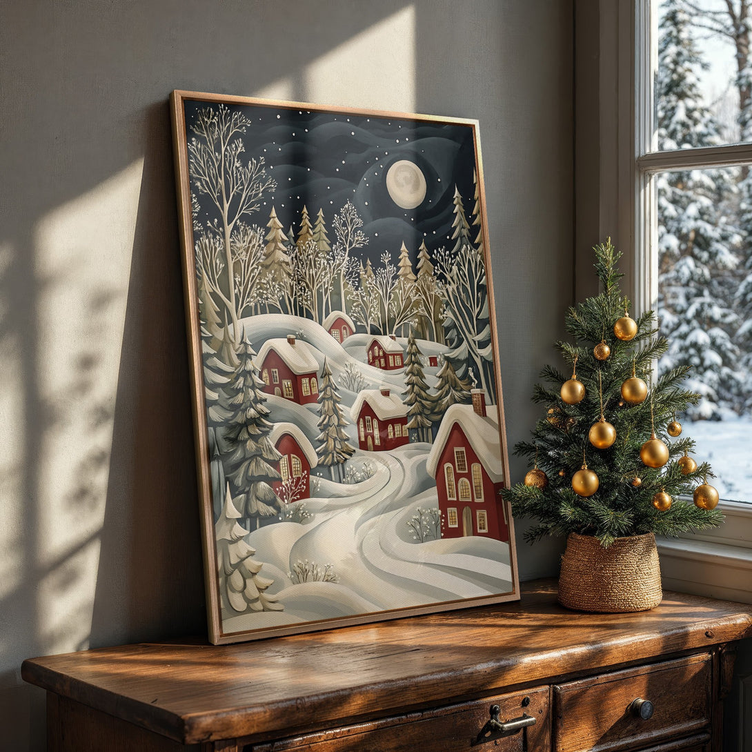 Framed Wall Art: Winter village scene in a whimsical style with a cool, muted color palette. Perfect for adding cozy charm to your home this winter!