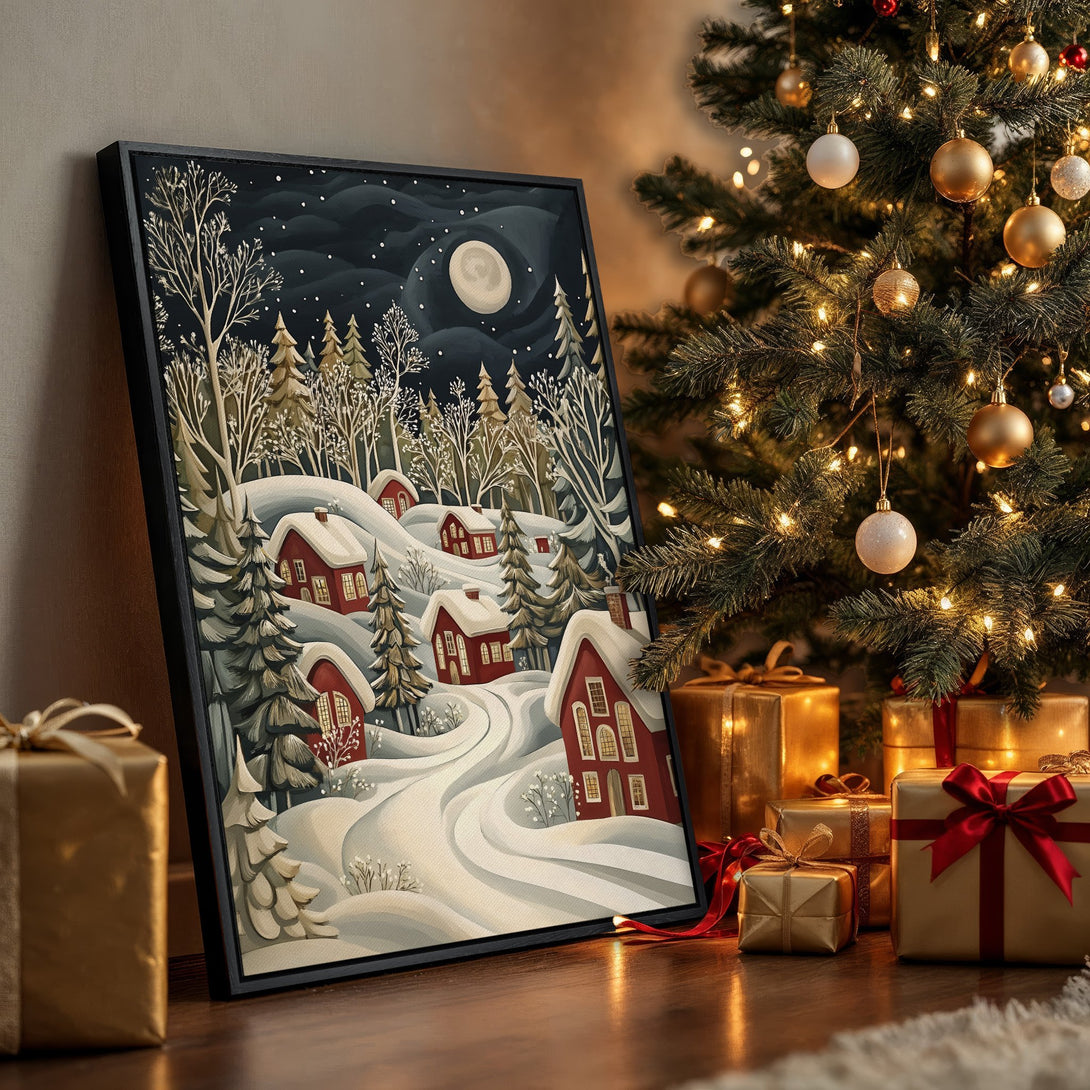 Framed Wall Art of a winter village scene with red houses, snowy landscape, and a full moon. Features a muted color palette, perfect for holiday decor.
