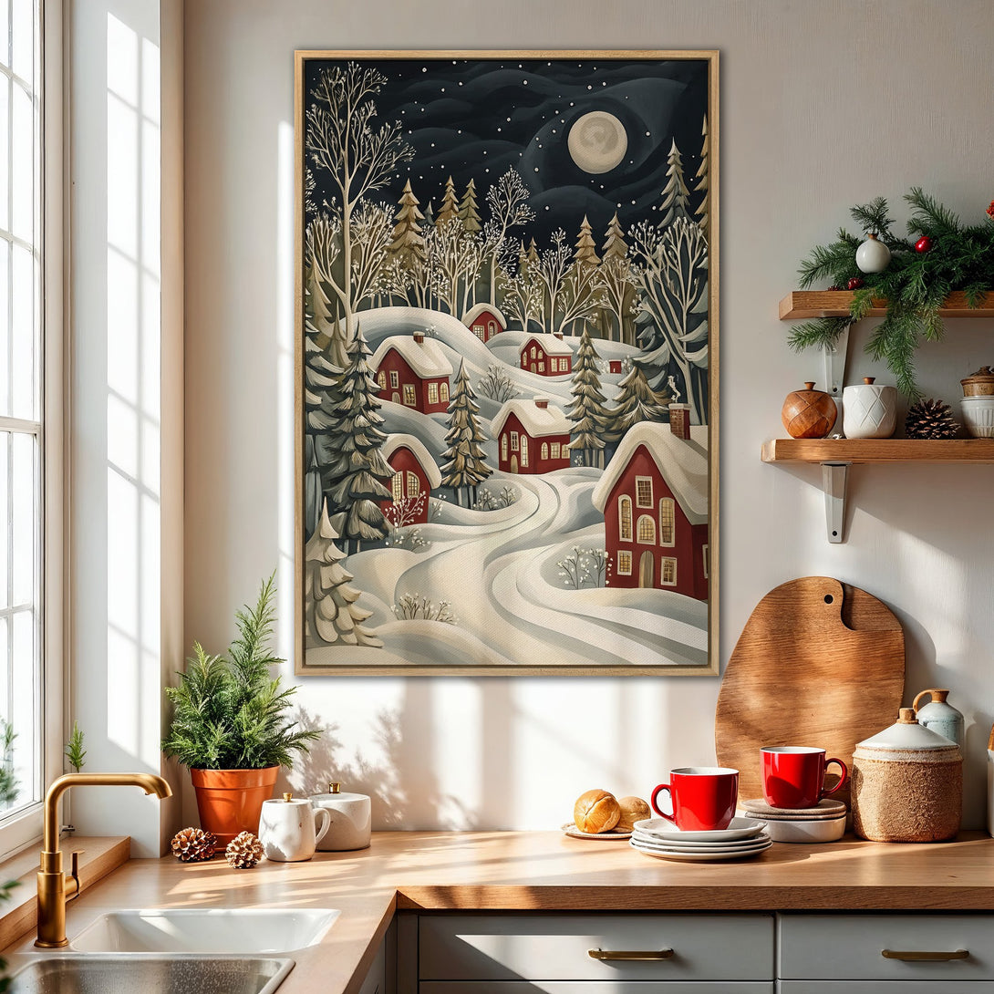 Framed Wall Art: Winter scene Canvas Print with red houses, snowy landscape, and a night sky. Cozy, warm color palette perfect for home decor.