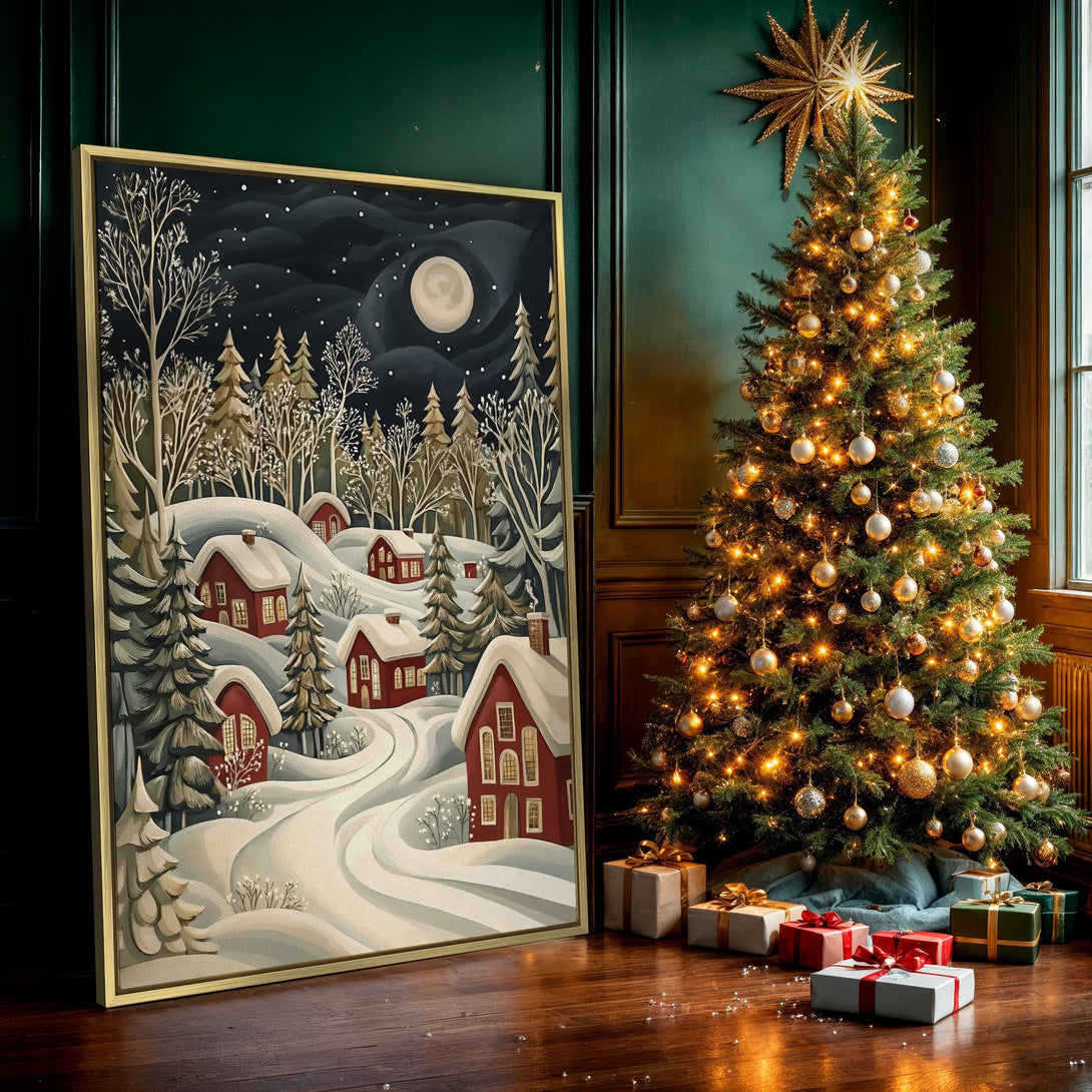 Canvas Print of a winter village scene in a whimsical style, featuring red houses, snow, and a night sky. Soft, muted color palette.