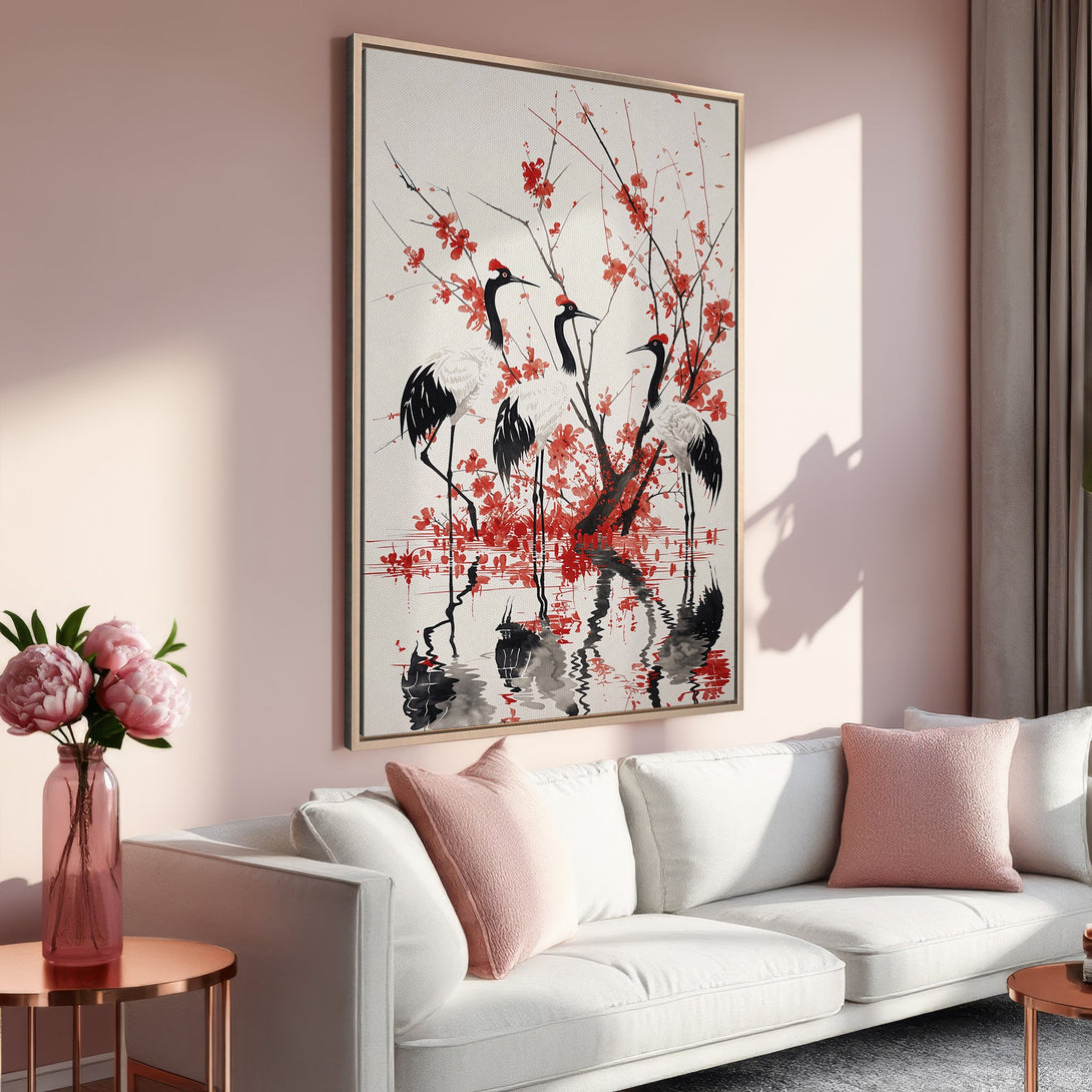 Framed Wall Art featuring elegant cranes in a serene, Japanese-inspired style. Beautiful red and black artwork, perfect for adding a touch of zen to your space.