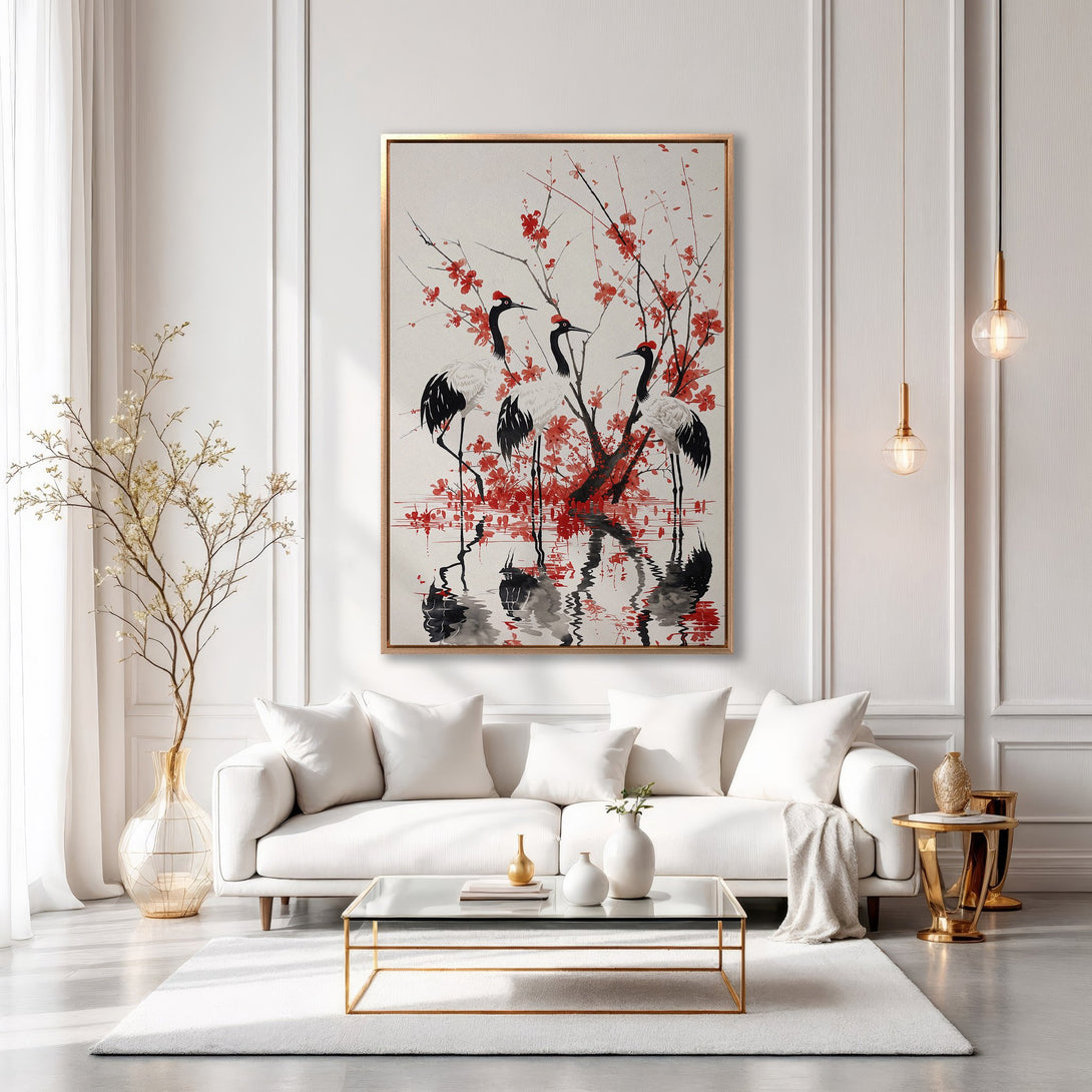 Framed Wall Art: Elegant crane painting in red, black, and white. Adds a touch of zen to any space. Perfect for modern home decor.