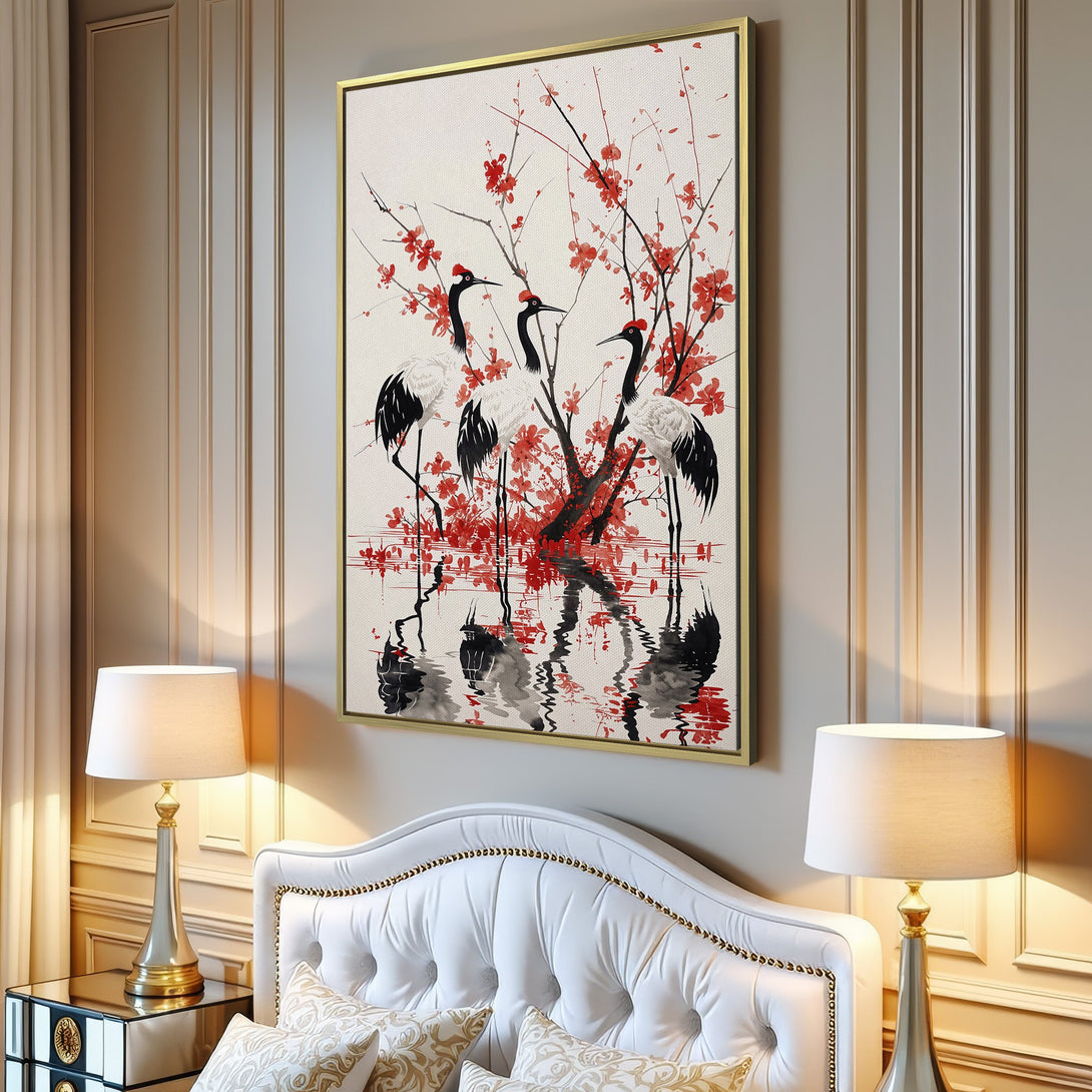 Canvas Print featuring elegant cranes and red blossoms in a minimalist style, perfect for modern decor. Red, black, and white color palette.