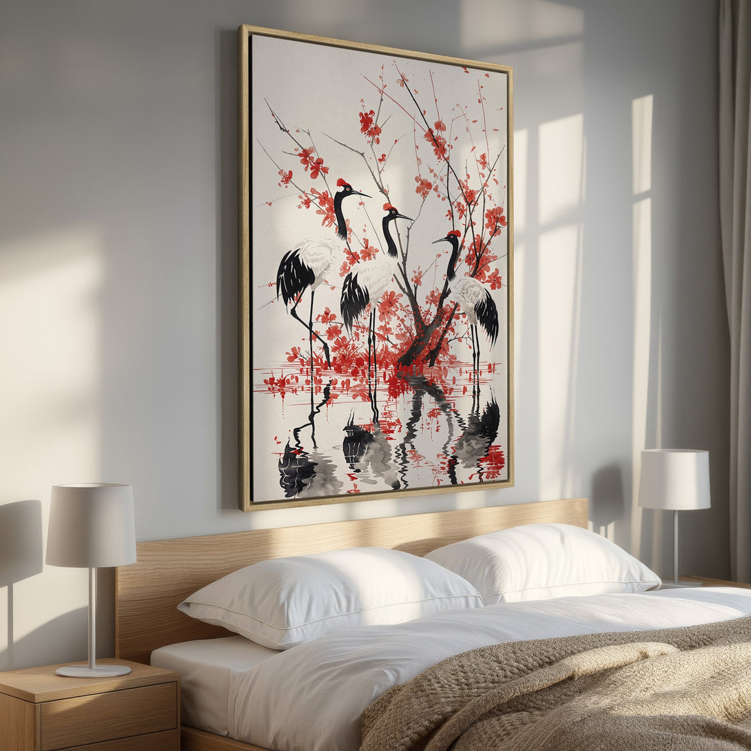 Framed Wall Art: Elegant crane painting in a serene bedroom. Japanese-inspired art with red, black, and white color palette. Perfect for a calming space.