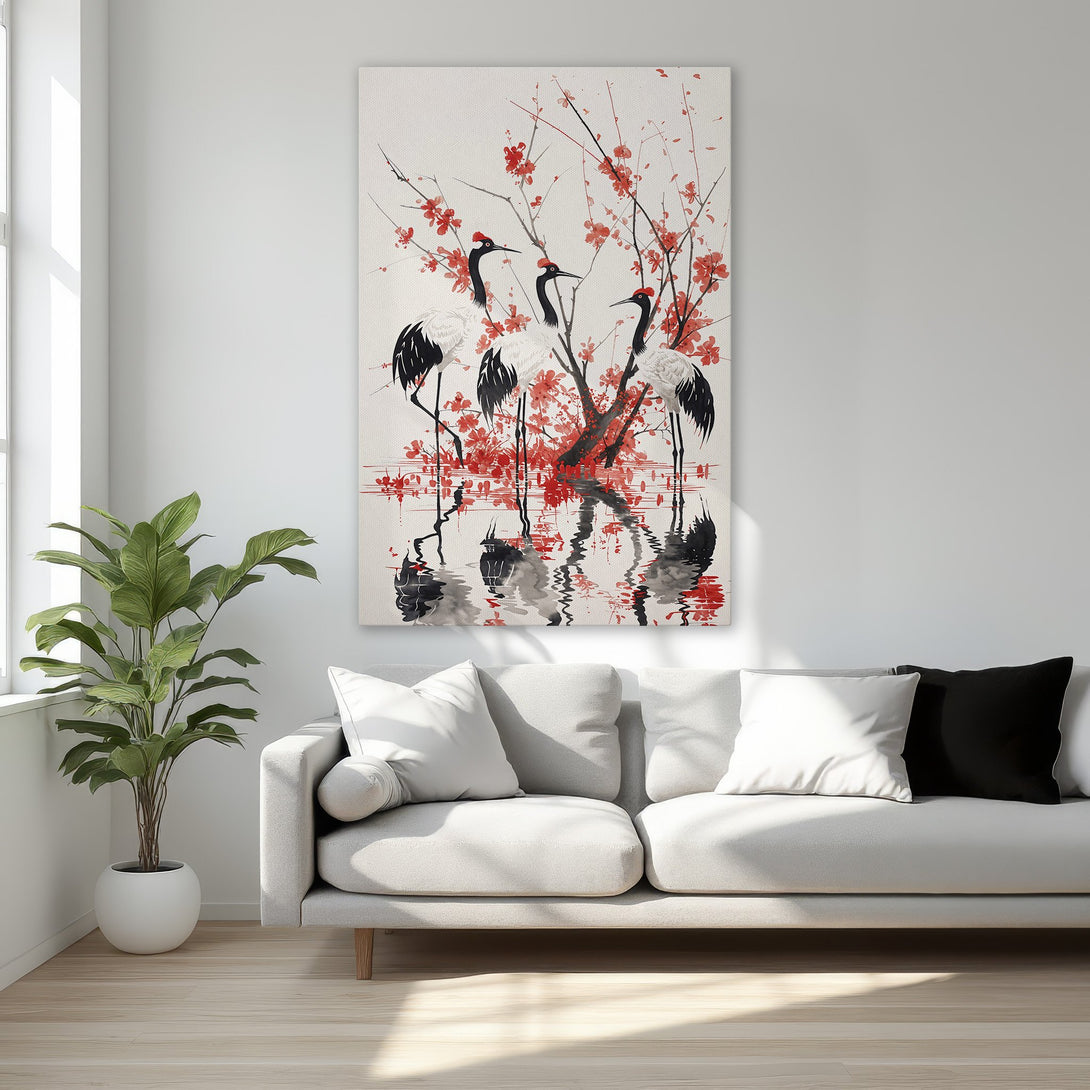 Framed Wall Art featuring elegant cranes and red blossoms. A beautiful canvas print in a serene, Asian-inspired style with a red, black, and white color palette.