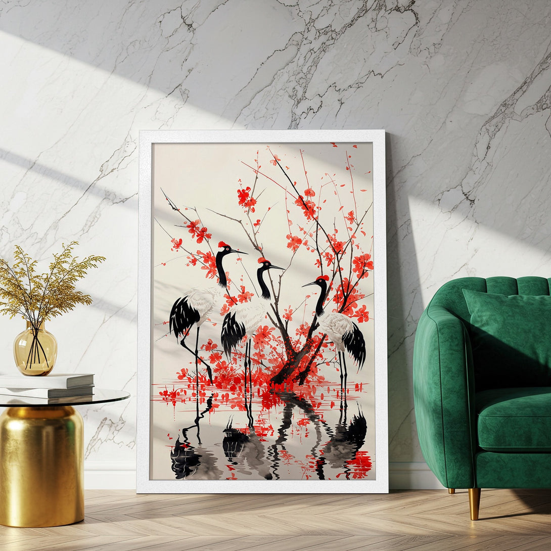 Framed Poster featuring Japanese cranes in a watercolor style with red blossoms, a serene and stylish artwork in a neutral palette.