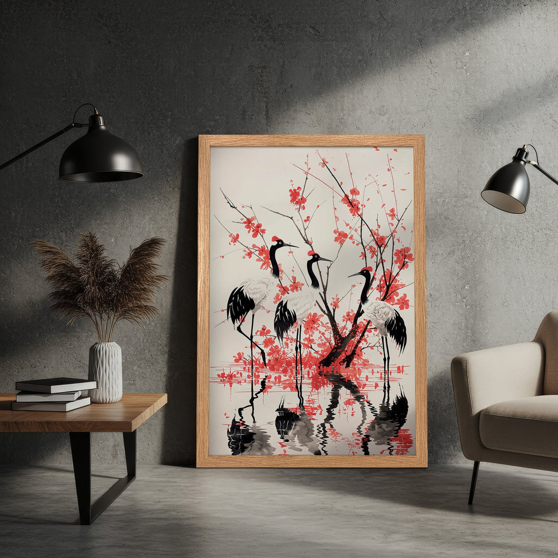 Framed Poster featuring Japanese cranes in a minimalist style with red, black, and white color palette. Add a touch of zen to your space!