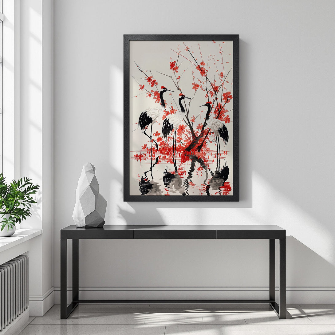 Framed Poster featuring Japanese crane art. Elegant style with red, black, and white color palette. Perfect wall decor for a modern home.