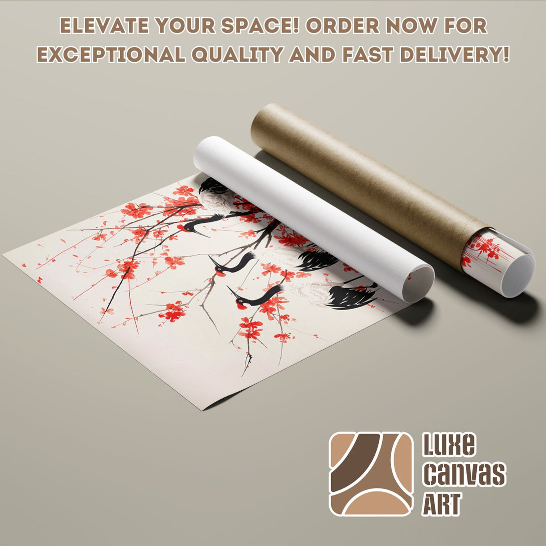 Poster Roll featuring an Asian-inspired crane and blossom design. Soft, neutral palette with pops of red. Perfect art for your space!