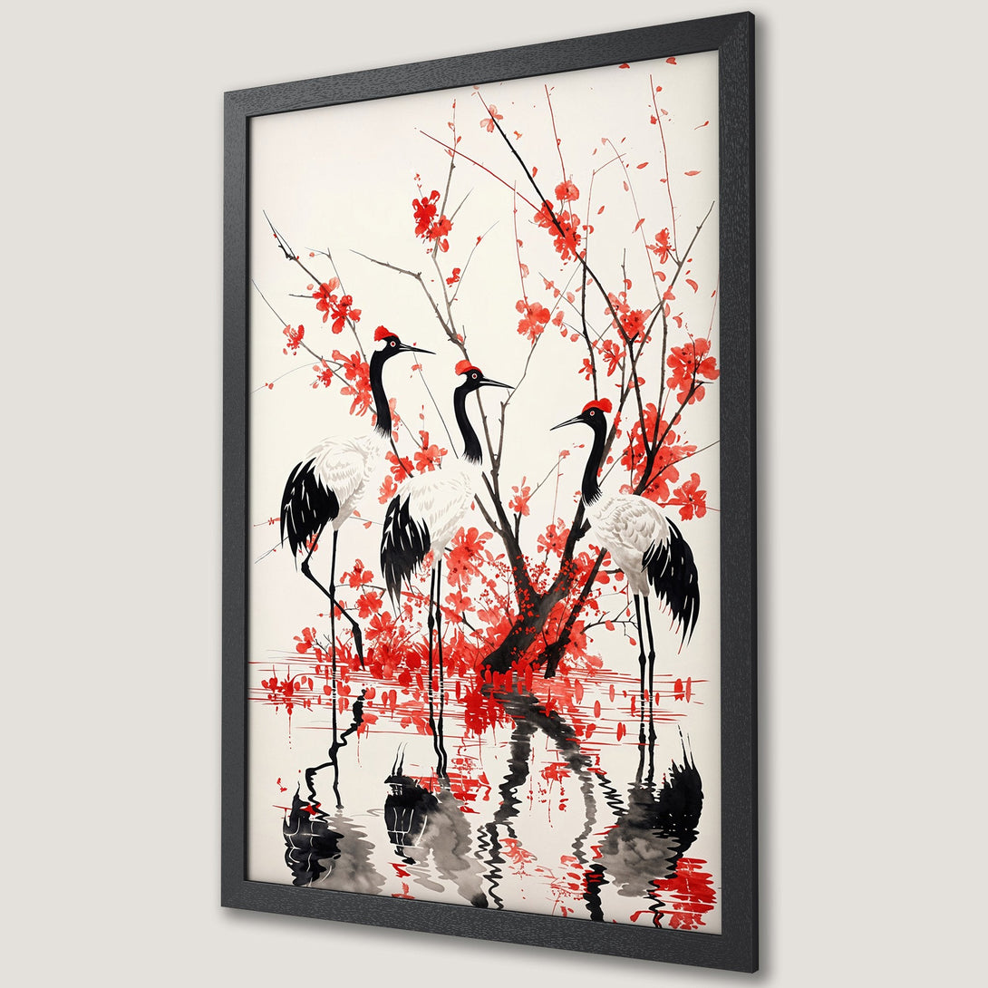 Framed Poster featuring Japanese cranes in a watercolor style with a red and black color palette. Perfect wall art for your home!
