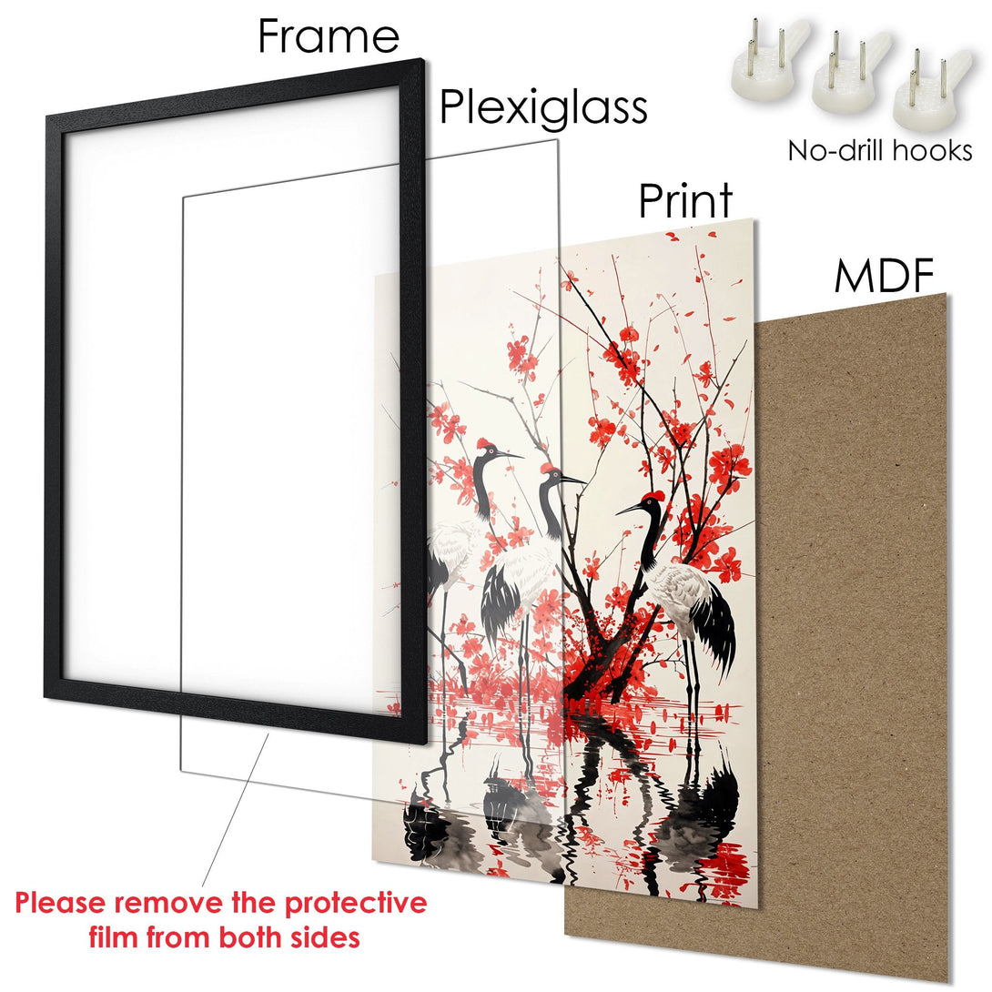 Framed Poster featuring cranes in a Japanese style with red and black accents on a cream background. Perfect wall art!