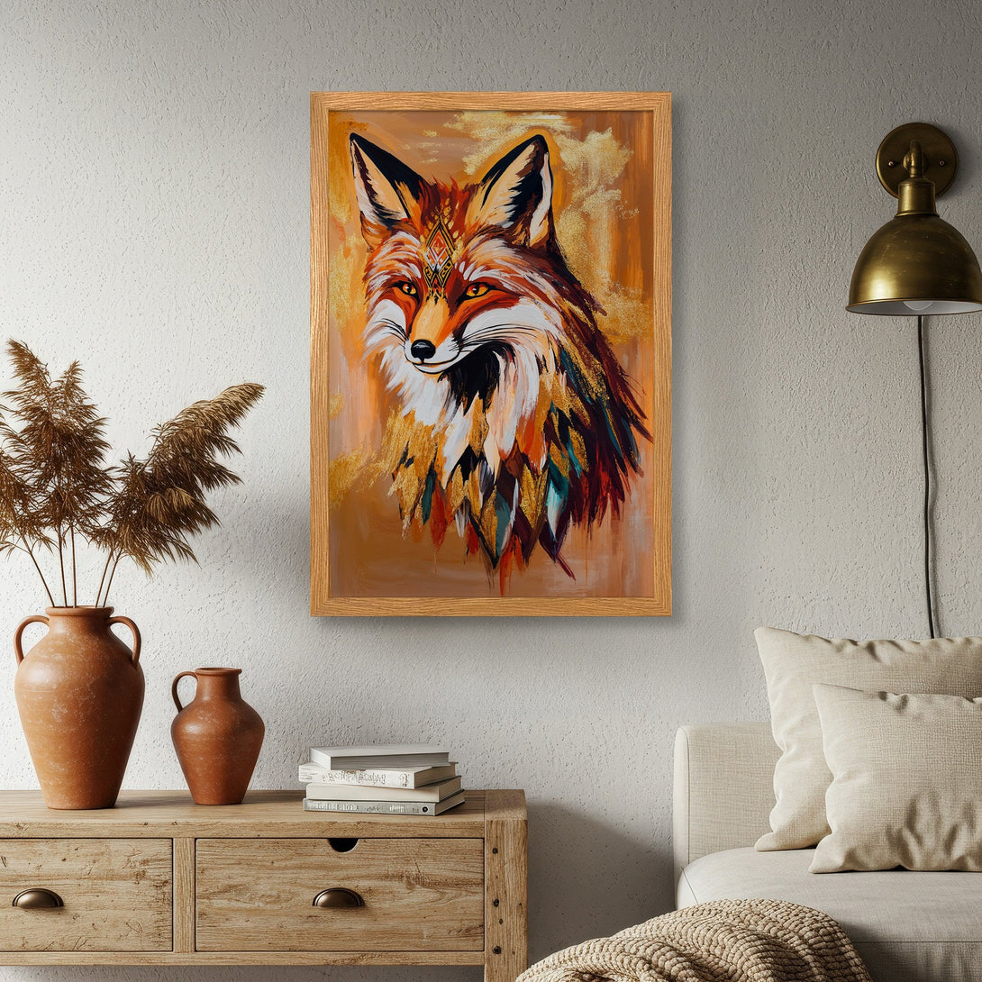 Framed Poster featuring a vibrant fox illustration in warm orange and gold tones. Perfect wall art for a cozy, stylish space.