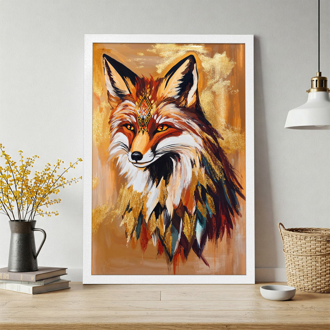 Framed Poster featuring a majestic fox in vibrant orange, gold, and brown tones. A stunning art print perfect for home decor.
