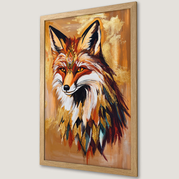 Framed Poster featuring a majestic fox in a vibrant, painterly style with warm orange, gold, and brown tones. Perfect wall art!
