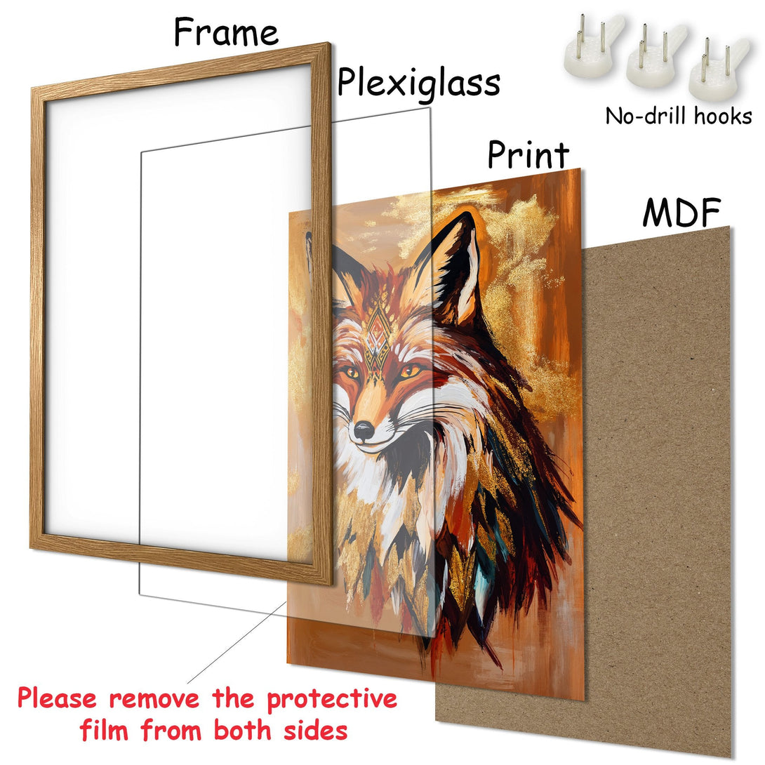 Framed Poster featuring a fox in warm tones with a gold accent. Perfect art for your home!