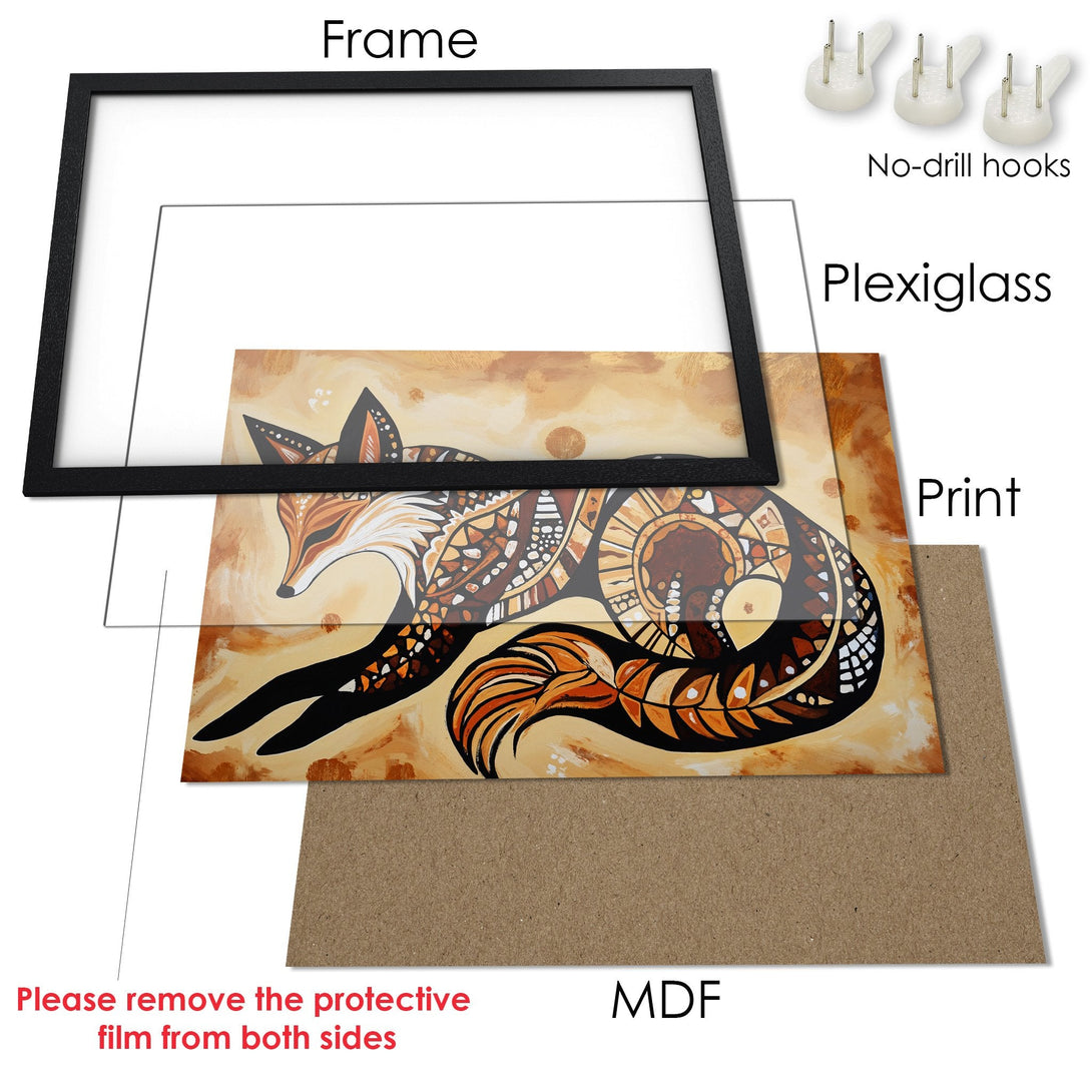Framed Poster featuring a fox in a bohemian style, warm earthy tones. Perfect wall art for your home!