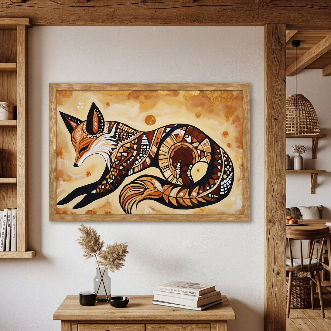 Framed Poster of a stylized fox in warm earth tones. Perfect art print for your home decor.