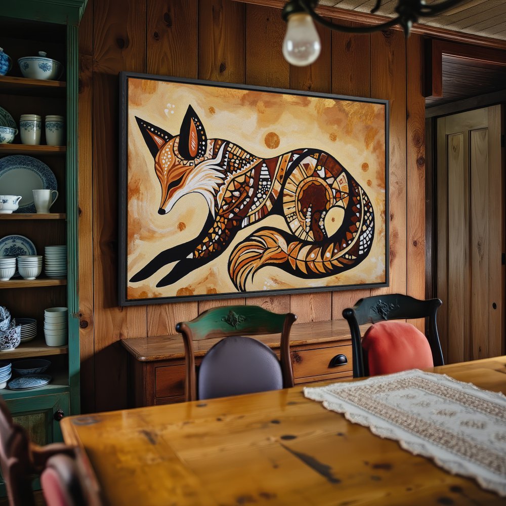 Framed Wall Art: Tribal fox canvas print in warm earth tones. Perfect rustic decor for your home!