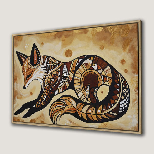 Framed Wall Art: Decorative fox print in warm brown and gold tones. Boho style Canvas Print for your living room.