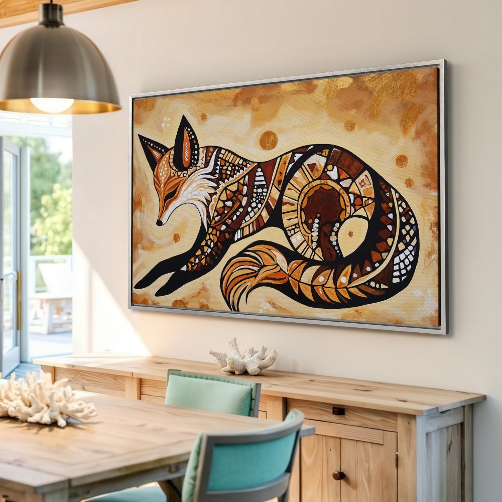 Framed Wall Art featuring a stylized fox in warm earth tones. Add a touch of bohemian charm with this beautiful Canvas Print.