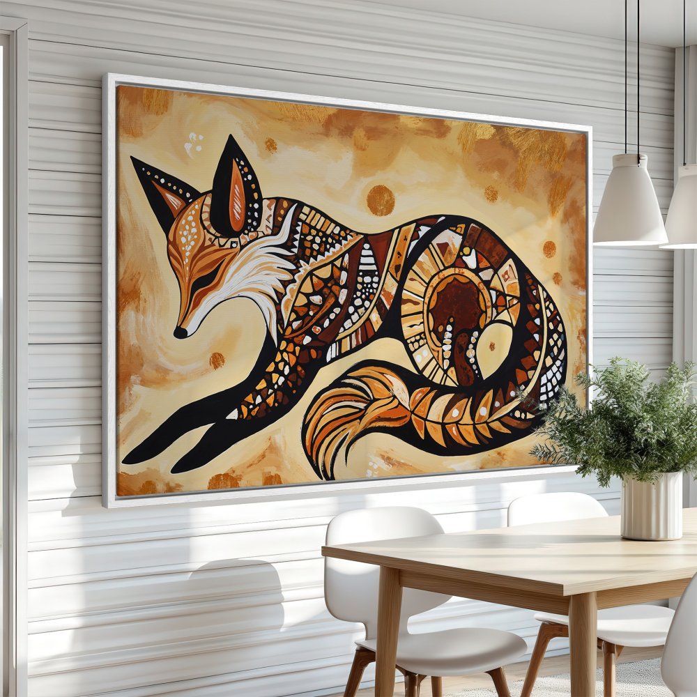 Framed Wall Art: Tribal fox canvas print in warm earth tones. Add unique style to your home with this stunning artwork.