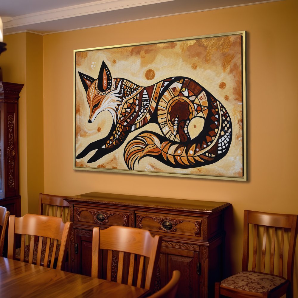 Canvas Print of a stylized fox in warm brown and gold tones, perfect for living room decor.