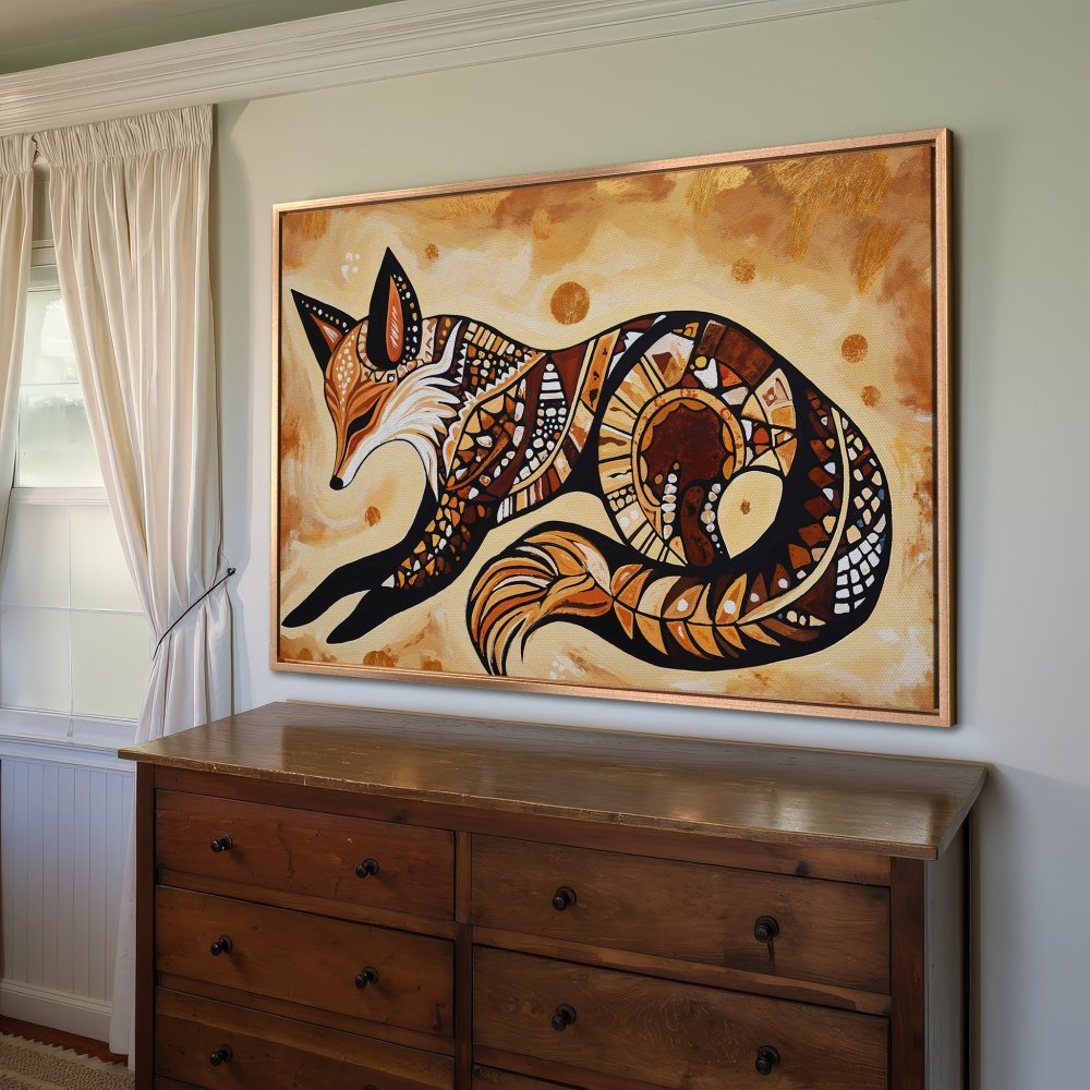 Framed Wall Art: Tribal fox canvas print in warm earth tones. Perfect for boho decor. Shop now for unique wall art!