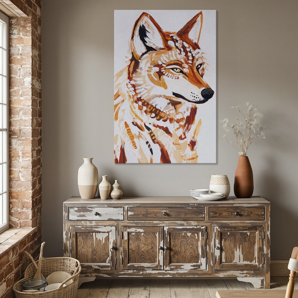Framed Wall Art: Abstract wolf portrait in warm orange & white tones. Modern canvas print for rustic, boho home decor.
