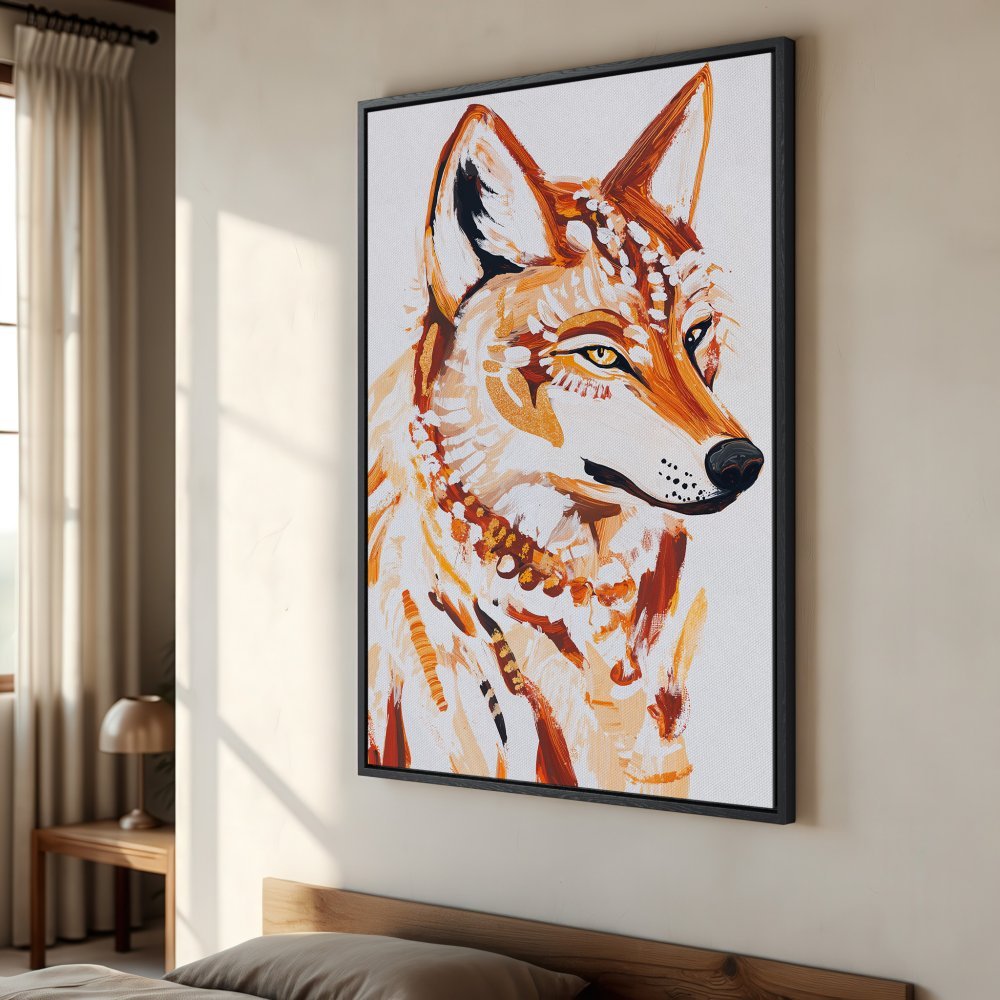 Framed Wall Art: Abstract wolf portrait in warm orange and gold tones. Perfect for adding a touch of boho style to your home decor.