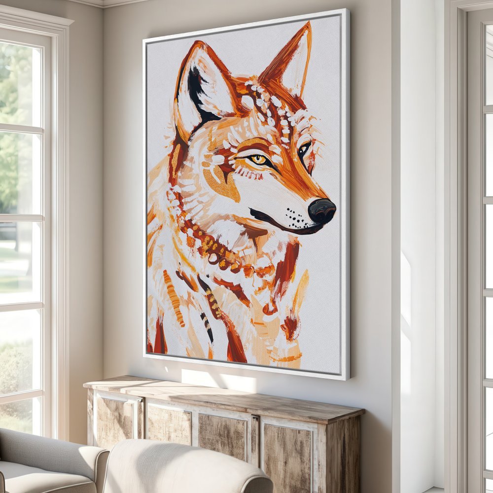 Framed Wall Art: Abstract wolf portrait in warm orange and white tones. Add a touch of nature-inspired art to your home decor!