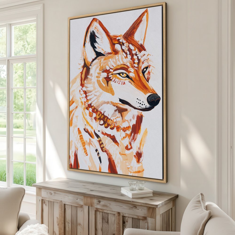 Framed Wall Art featuring a majestic wolf portrait in warm orange and white tones. Add a touch of wilderness to your decor!