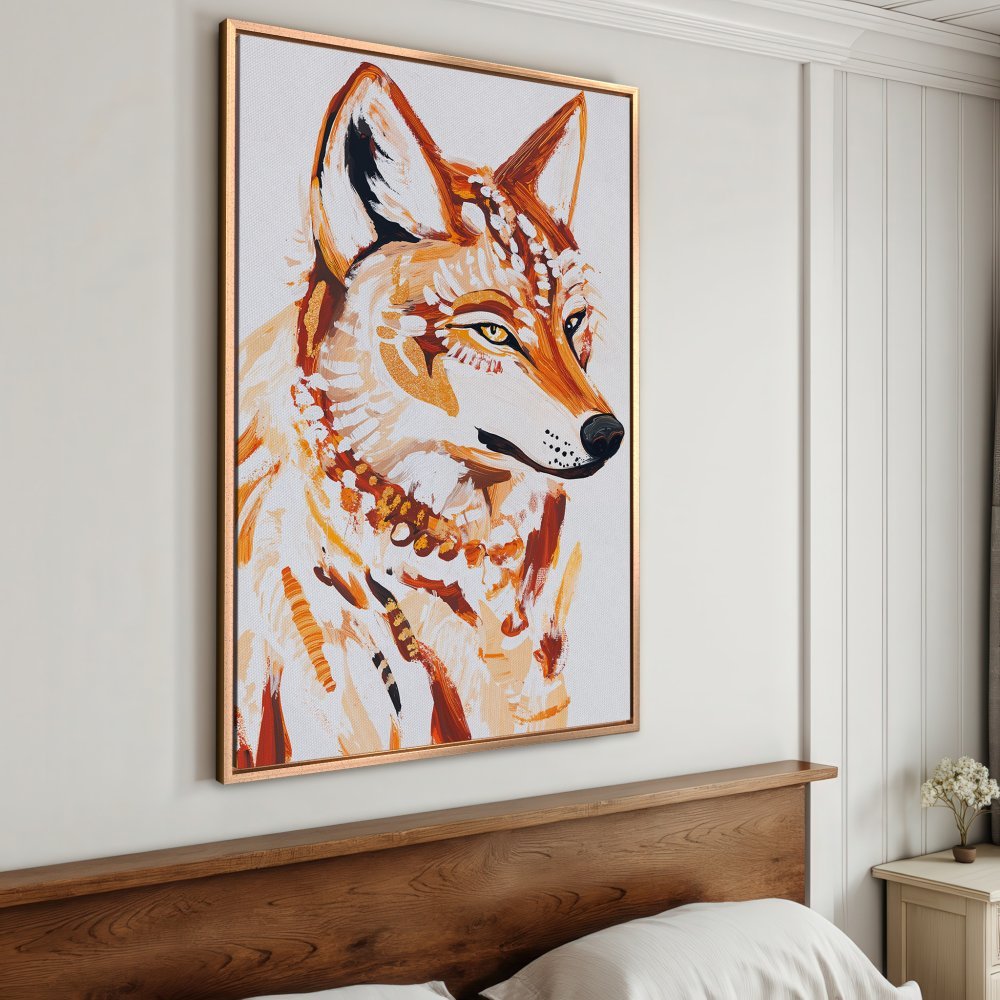 Framed Wall Art: Abstract wolf portrait in warm orange and gold tones. Modern canvas print for a stylish bedroom.
