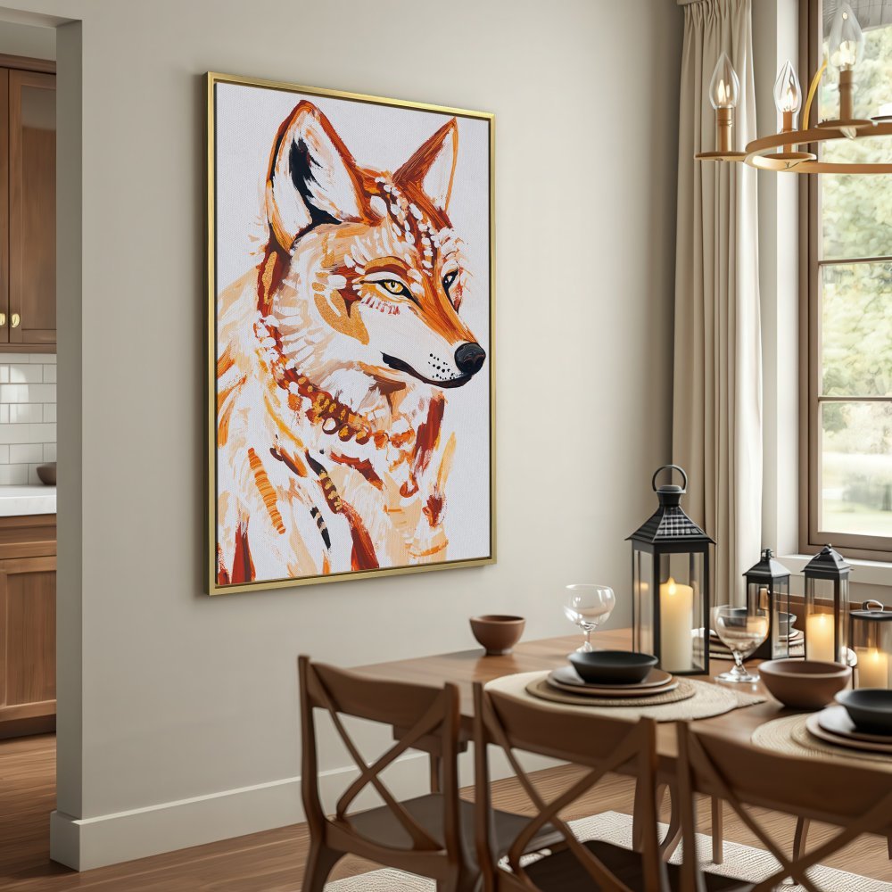 Canvas Print of a stylized wolf in warm, earthy tones. Perfect for adding a touch of bohemian style to your home decor.