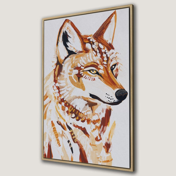 Framed Wall Art: Majestic wolf portrait in warm earthy tones. Add a touch of nature and style to your home with this stunning canvas print!